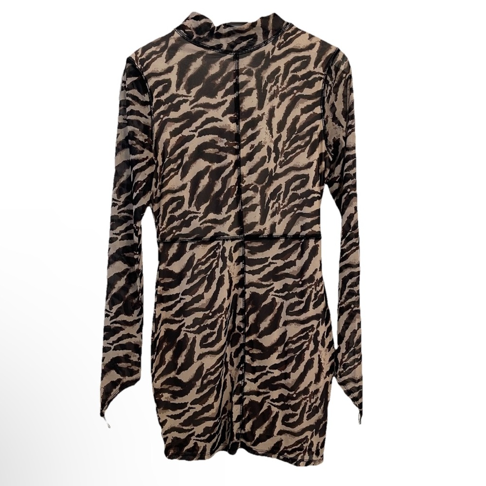 Akira Dress Medium Animal Print Mock Neck Long Sleeves Stretch Lined Mesh Mini